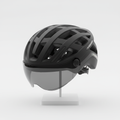 Aerodynamic matte black e-bike cycling helmet with ventilation slots on white background