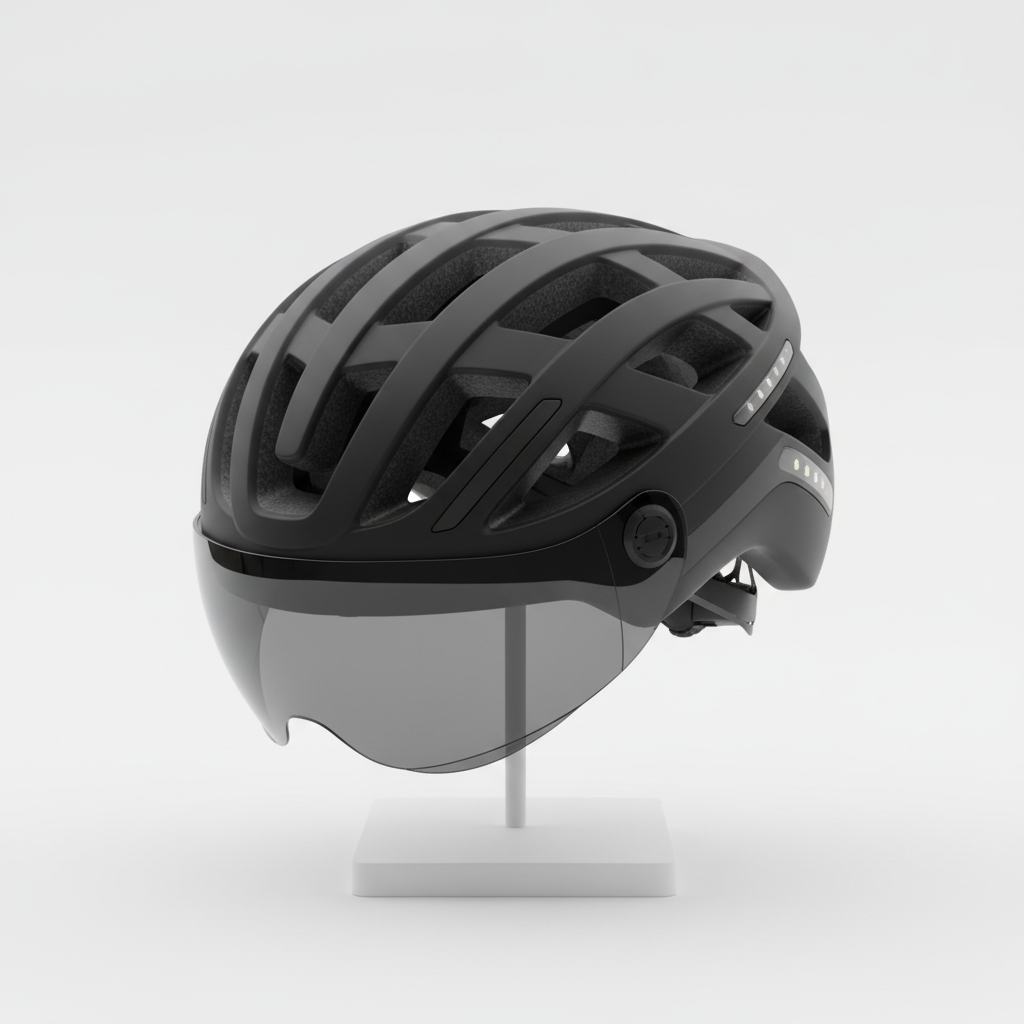 Aerodynamic matte black e-bike cycling helmet with ventilation slots on white background