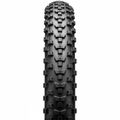 Black e-bike tire with deep tread pattern standing upright on white background