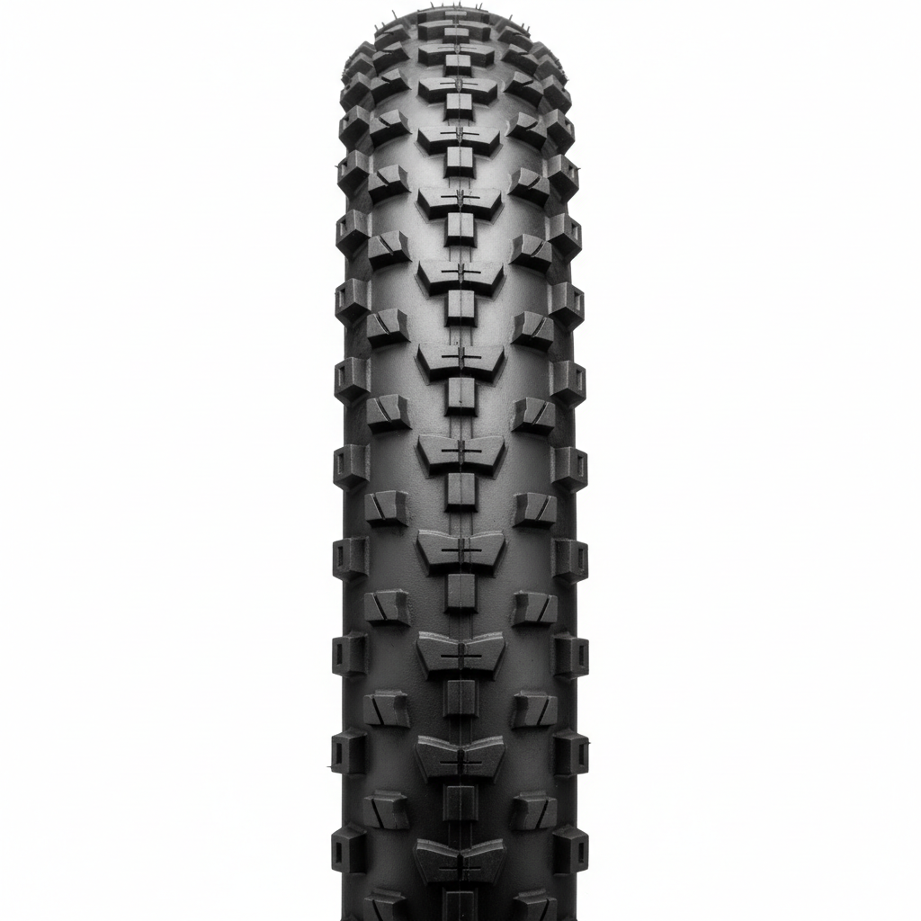 Black e-bike tire with deep tread pattern standing upright on white background