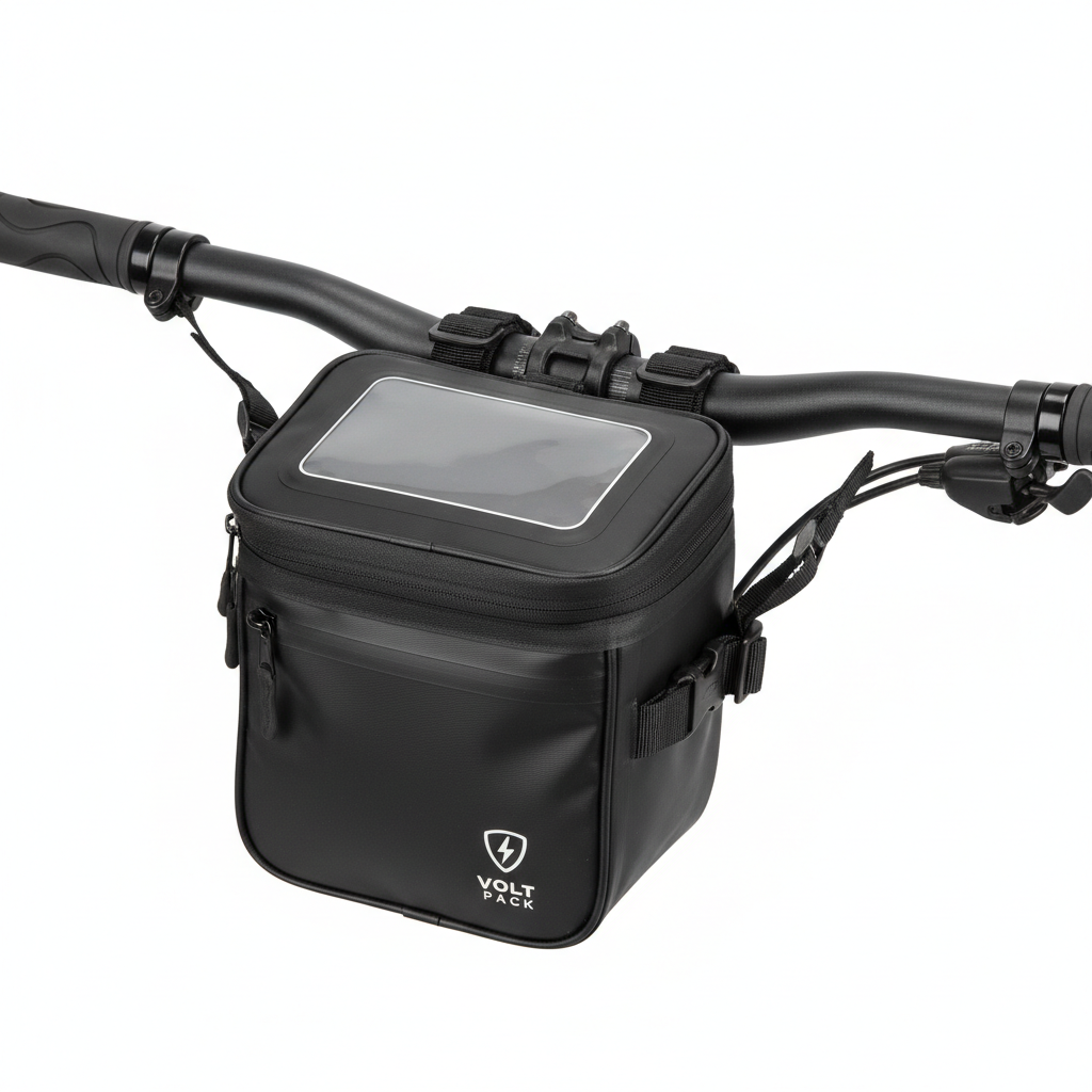 Waterproof e-bike handlebar bag with clear phone window mounted on handlebars